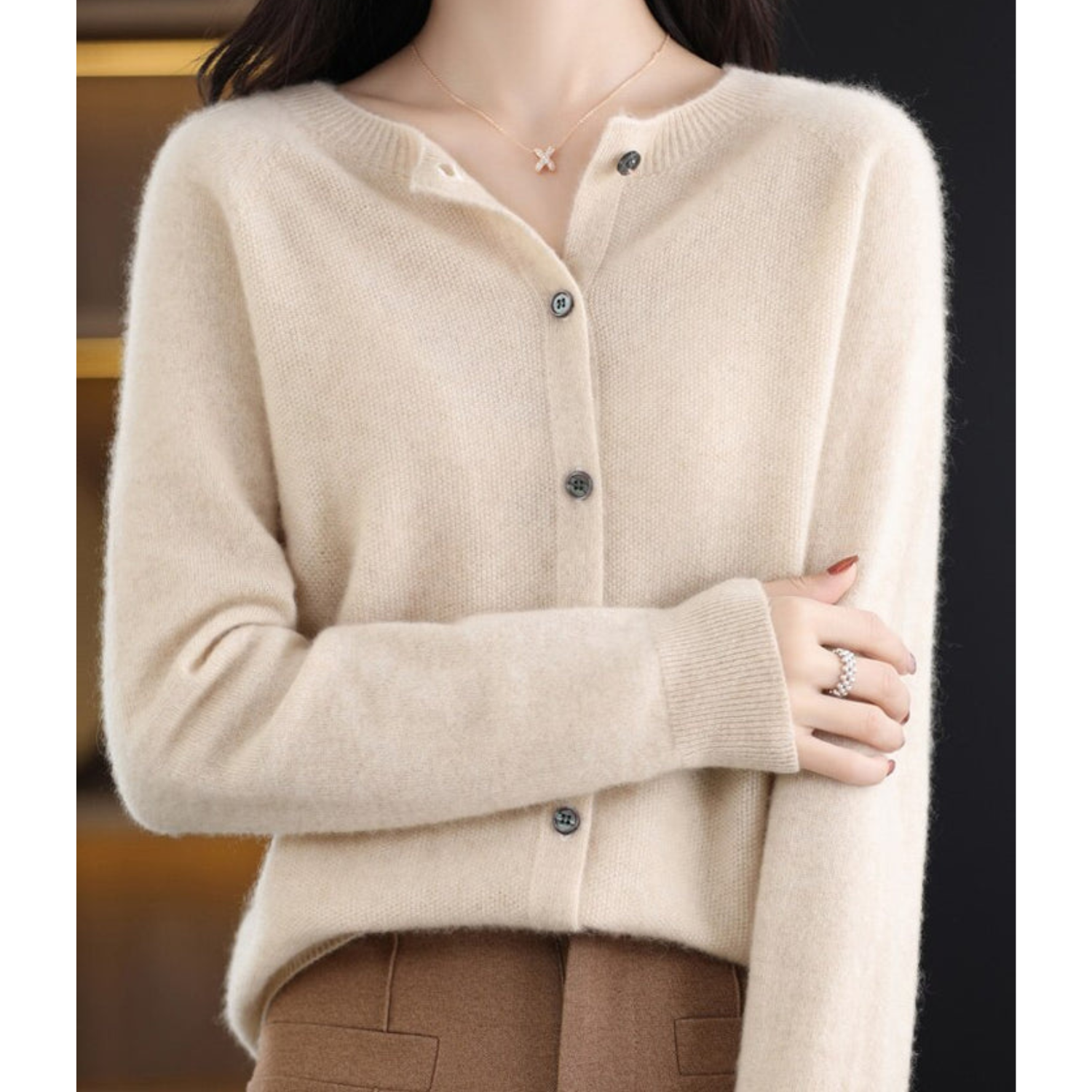 Pure Merino Wool Ladies O-neck Cardigan Cashmere Sweater