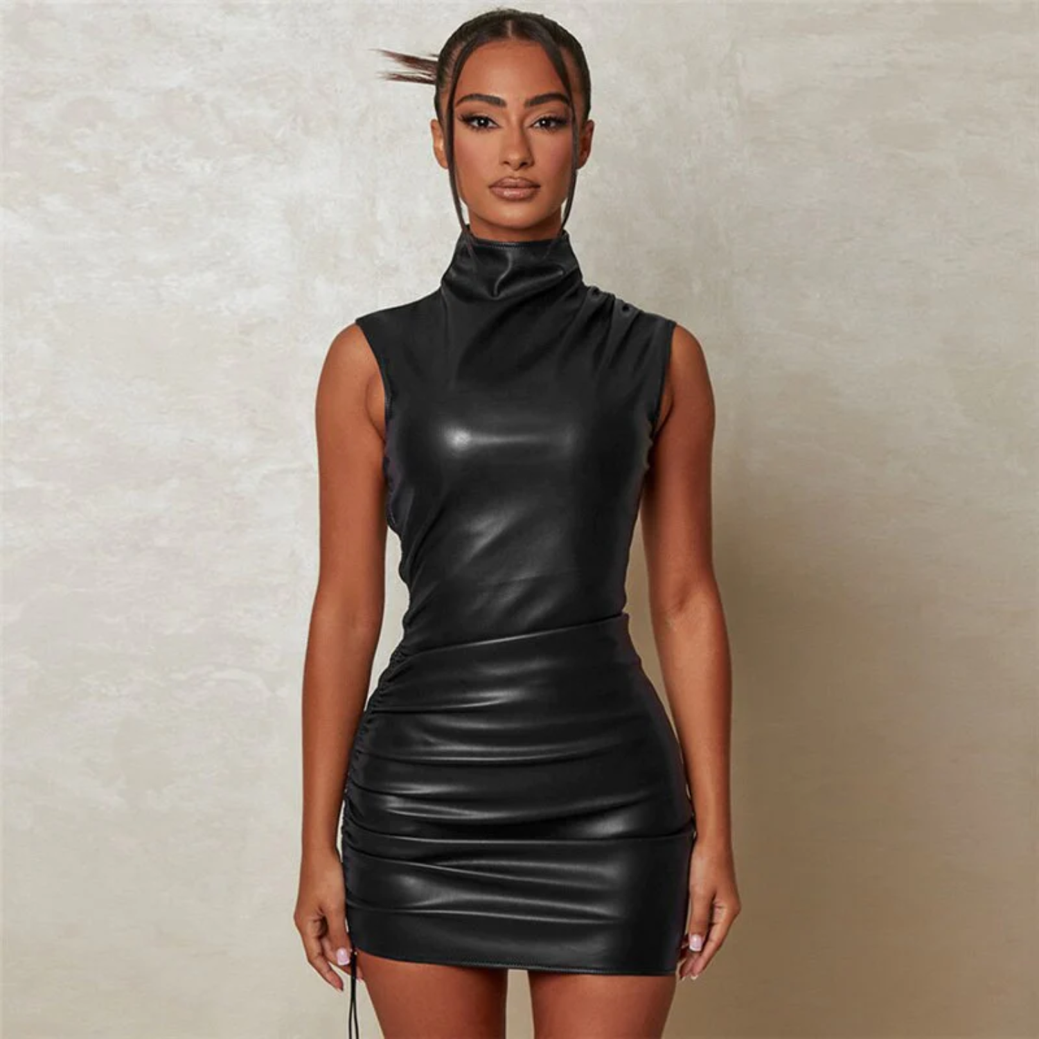 Trina - Turtleneck Leather Dress