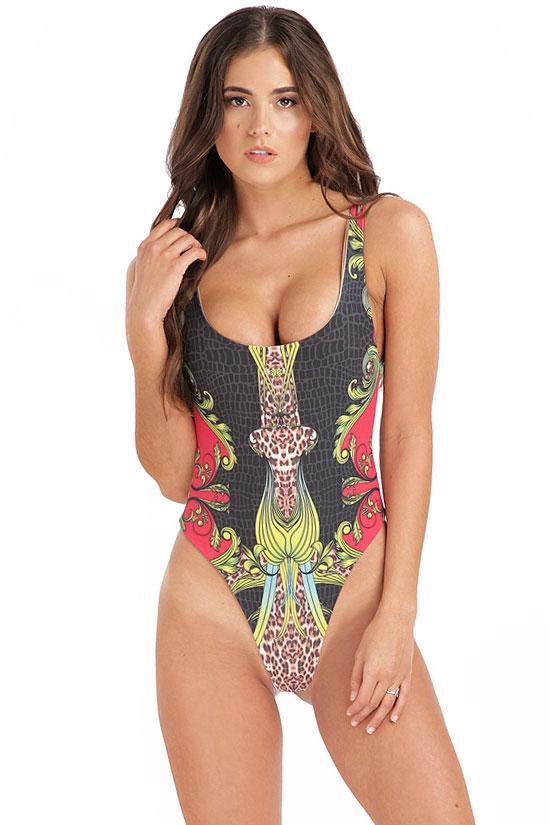 Tribal Printed High Leg Brazilian One Piece Swimsuit