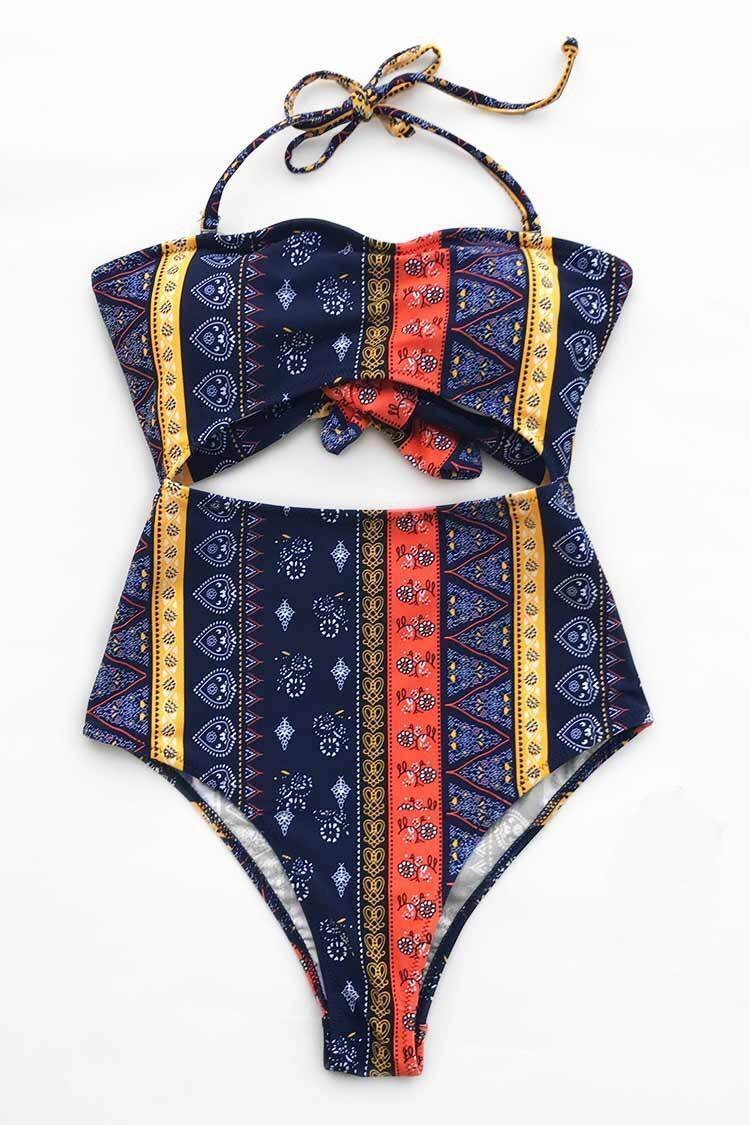 Tied Back Ethnic Printed Cutout Halter One Piece Swimsuit