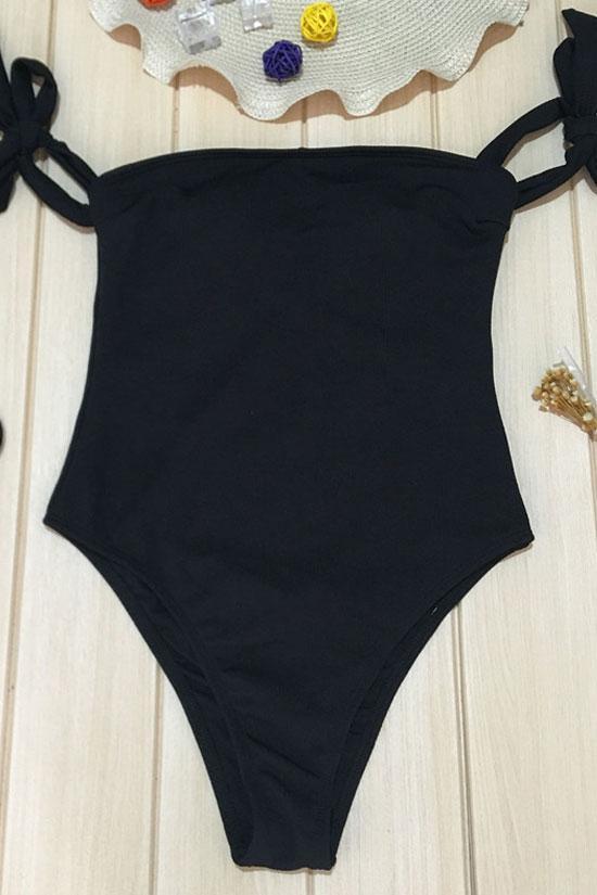 Ribbed High Leg Tie Straps Off Shoulder Bandeau One Piece Swimsuit