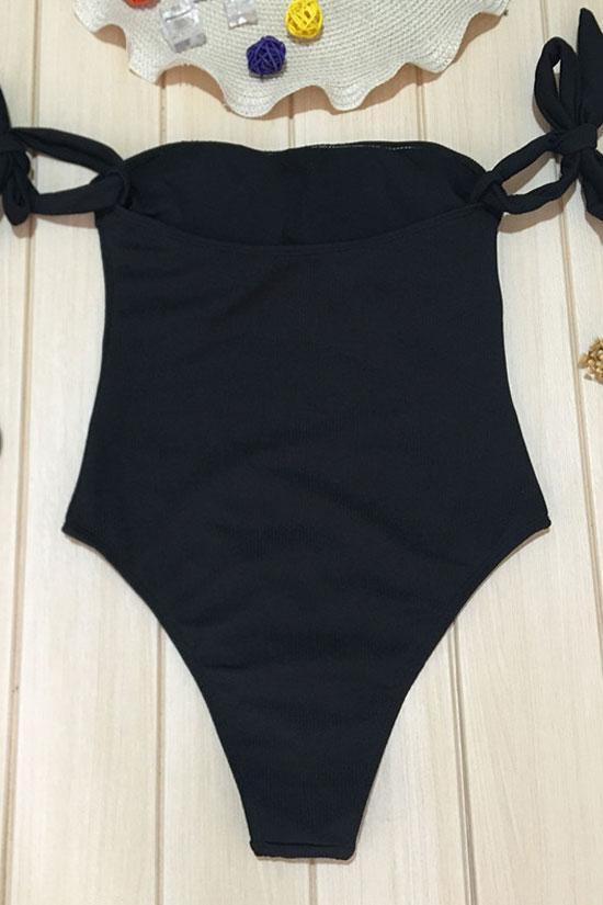 Ribbed High Leg Tie Straps Off Shoulder Bandeau One Piece Swimsuit