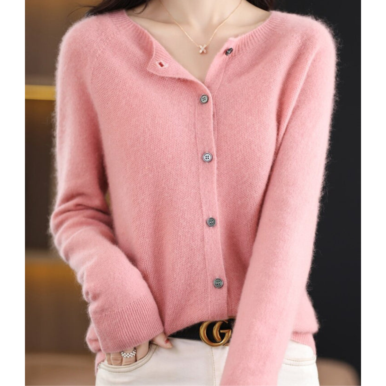 Pure Merino Wool Ladies O-neck Cardigan Cashmere Sweater