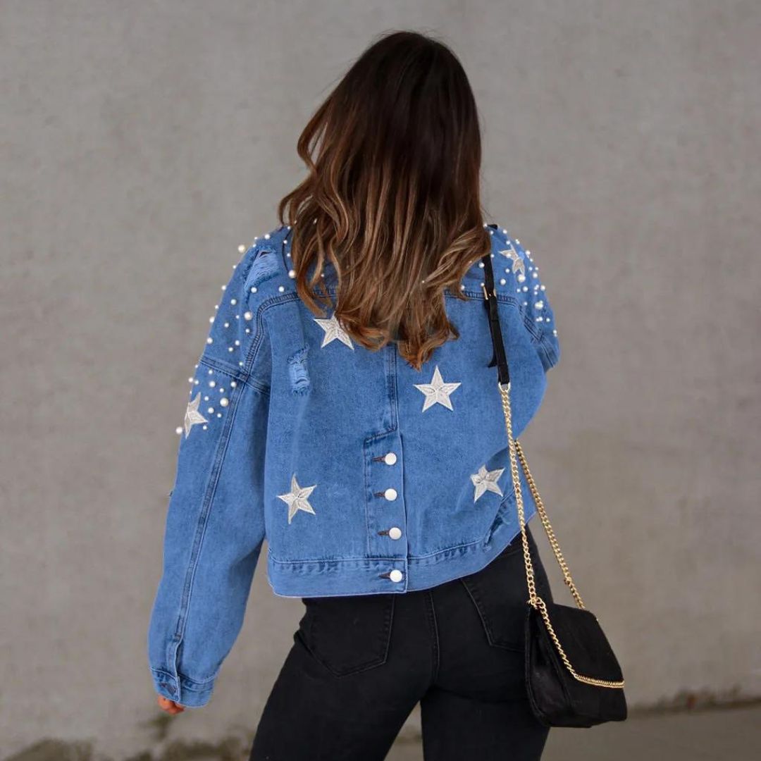 Veda - Denim jacket with pearl embellishment and star accents