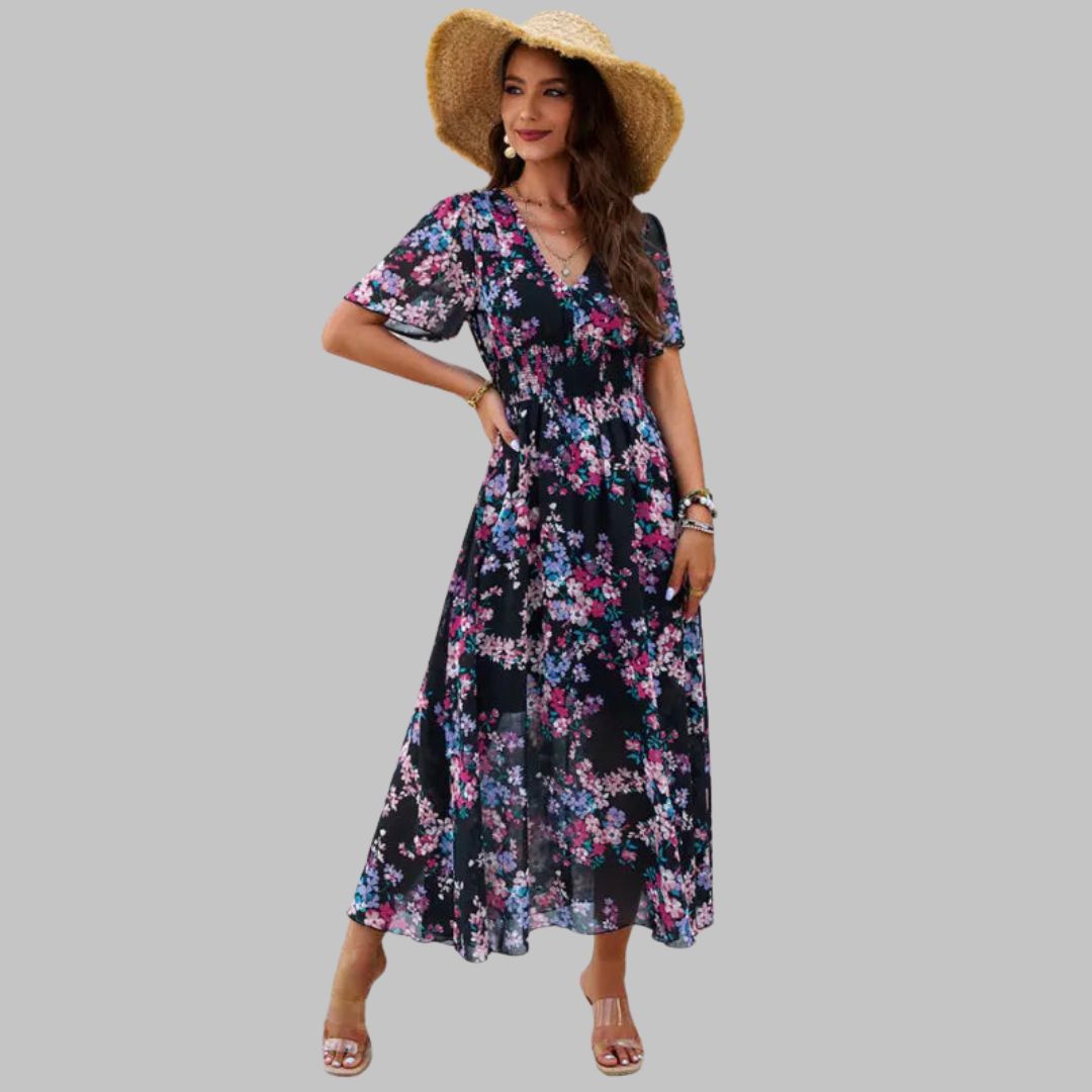 Isabella - Floral V-neck midi dress with short sleeves