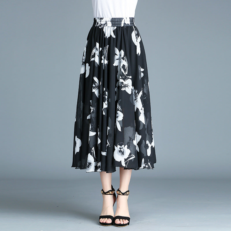 Modern retro skirt printed chiffon dress pleated skirt