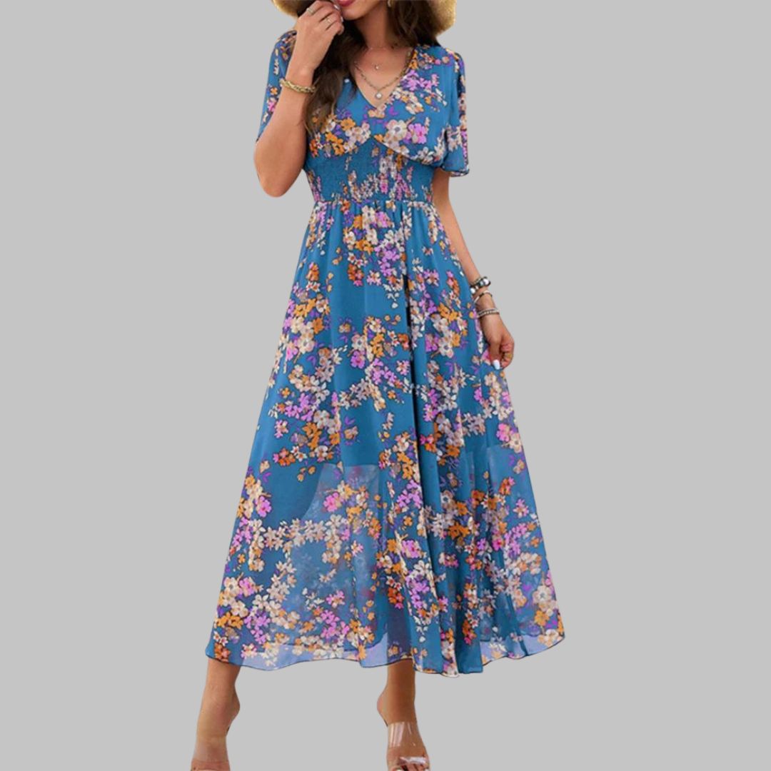 Isabella - Floral V-neck midi dress with short sleeves