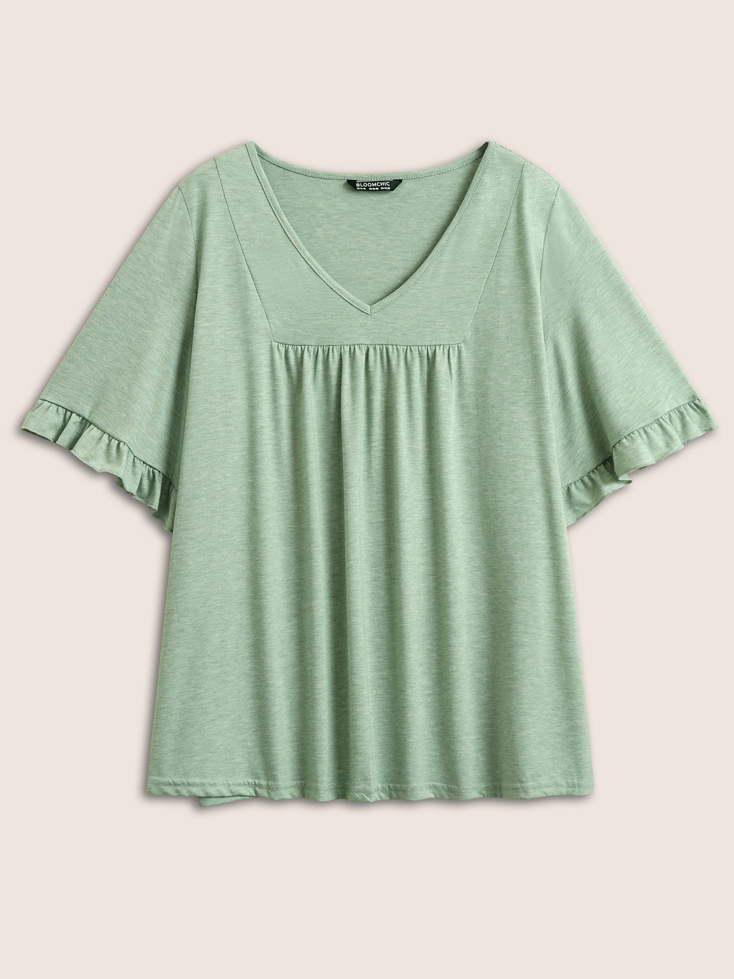 Solid Gathered Ruffle Trim Flounce Sleeve T-shirt