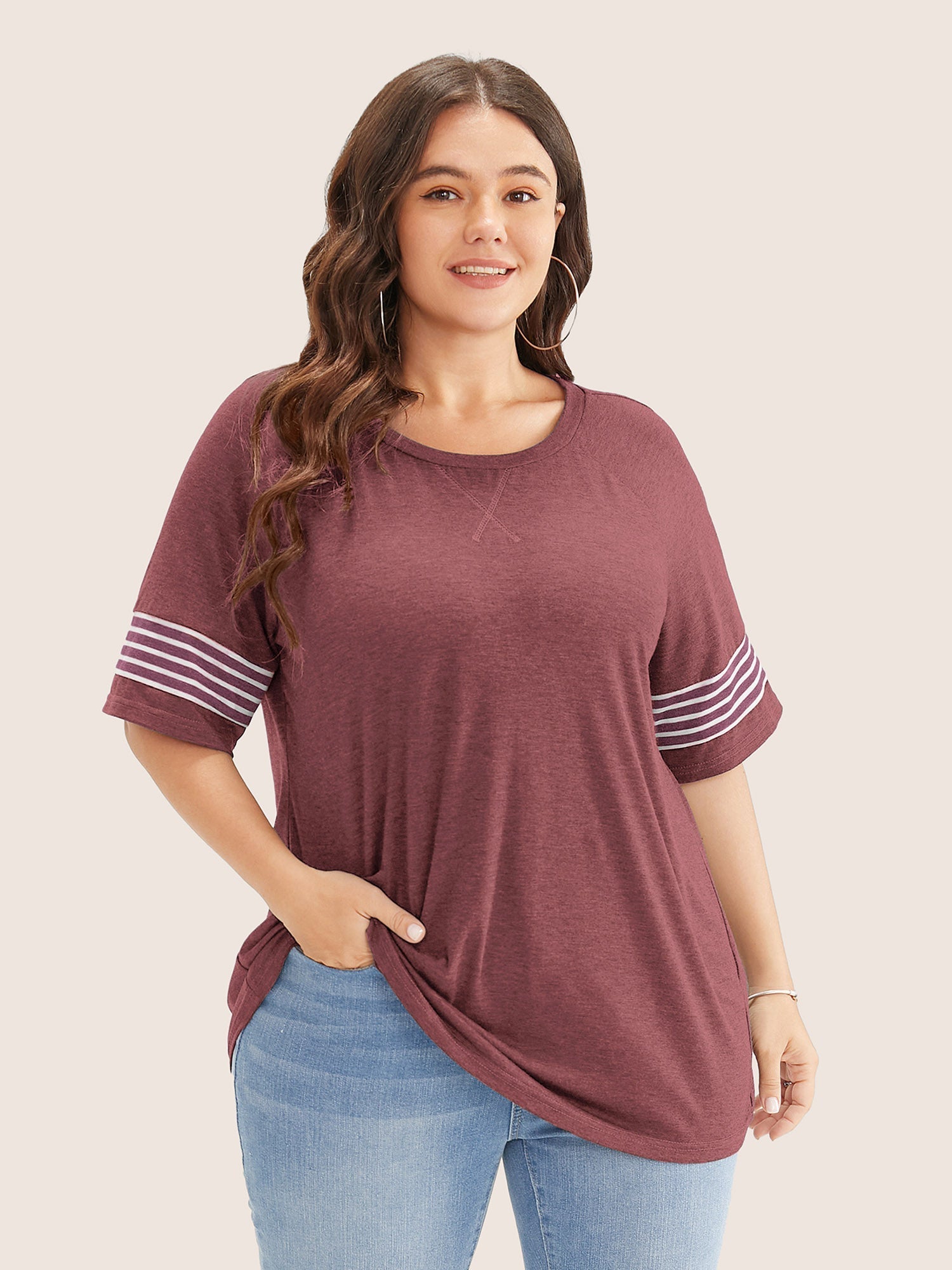 Striped Contrast Raglan Sleeve Crew Neck T-shirt