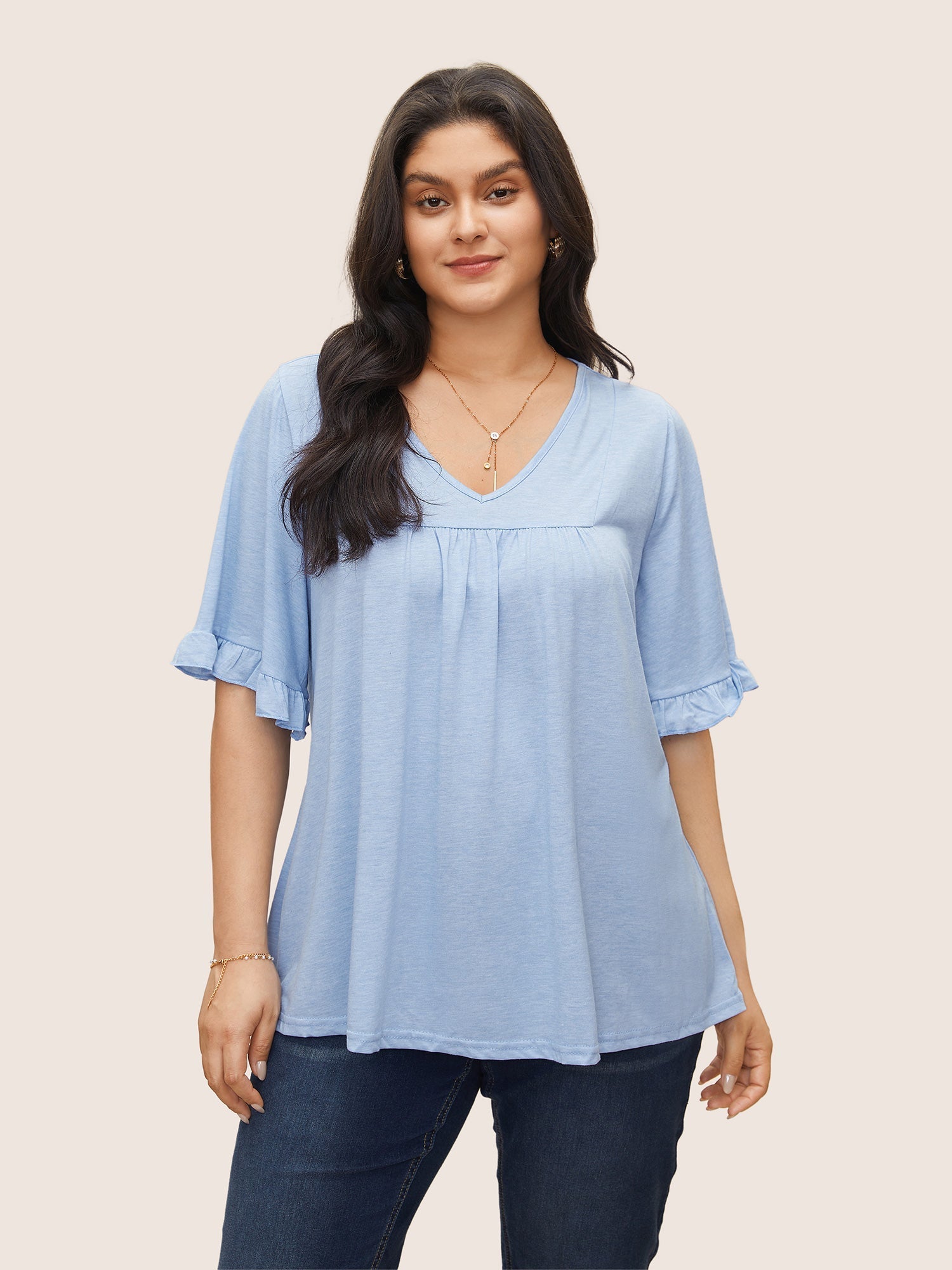 Solid Gathered Ruffle Trim Flounce Sleeve T-shirt