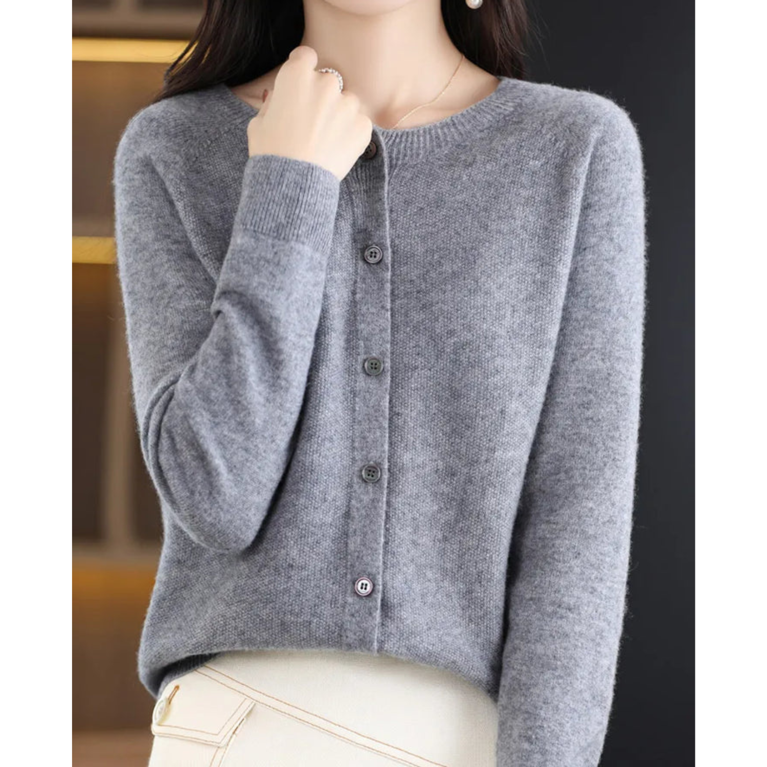 Pure Merino Wool Ladies O-neck Cardigan Cashmere Sweater