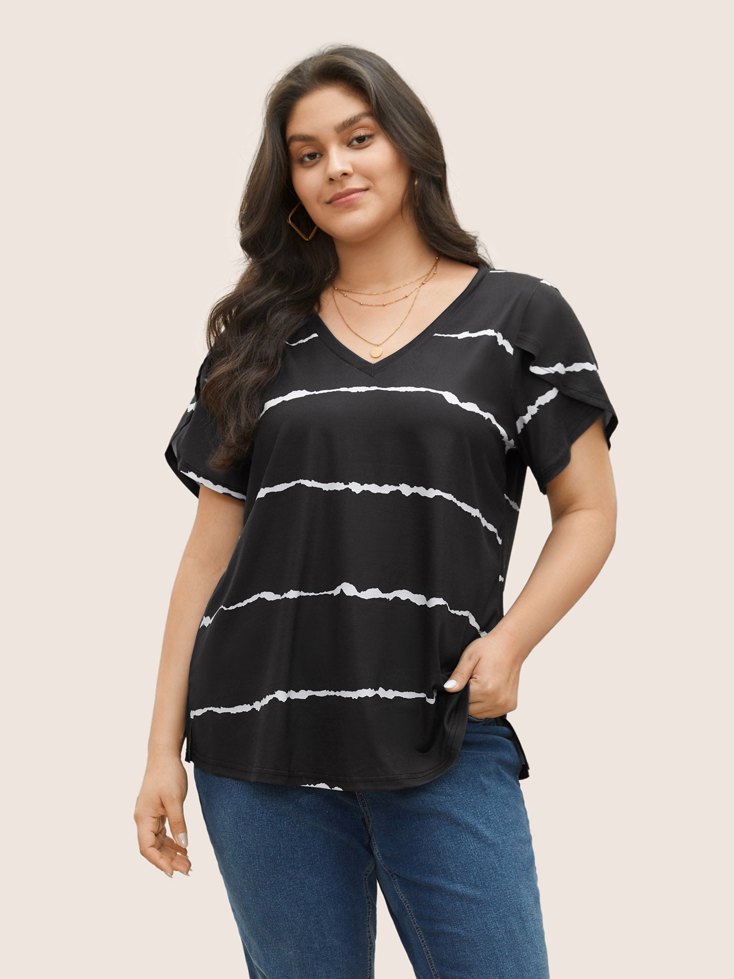 Striped Contrast Petal Sleeve T-shirt