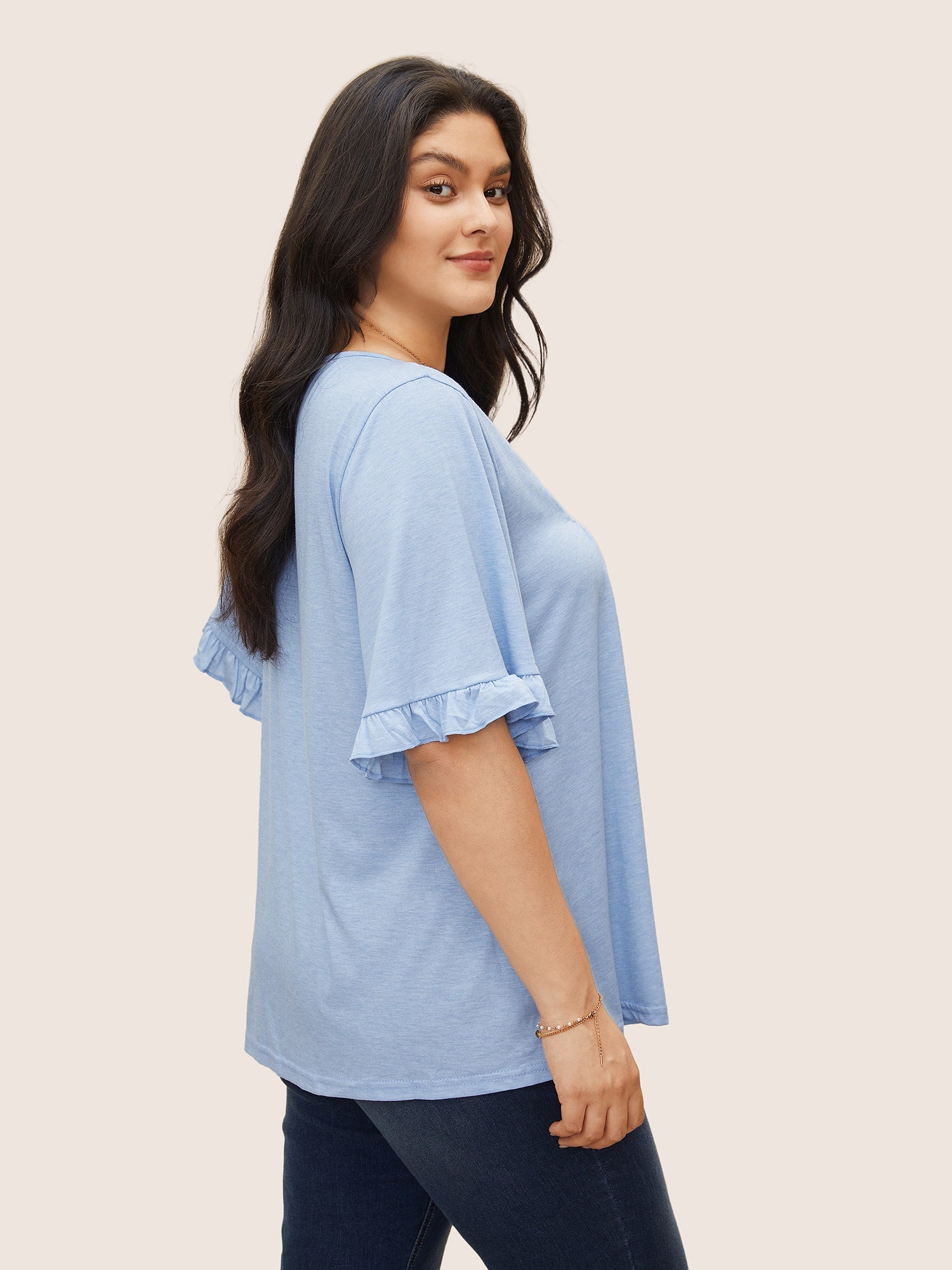 Solid Gathered Ruffle Trim Flounce Sleeve T-shirt