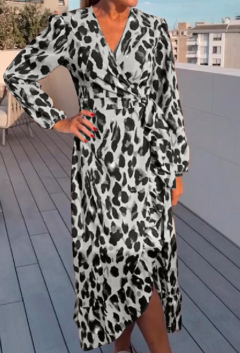 Seductive V-neck leopard print long sleeve dress