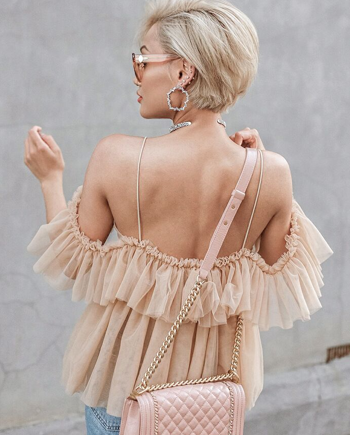 Straps Ruched net blouse chic