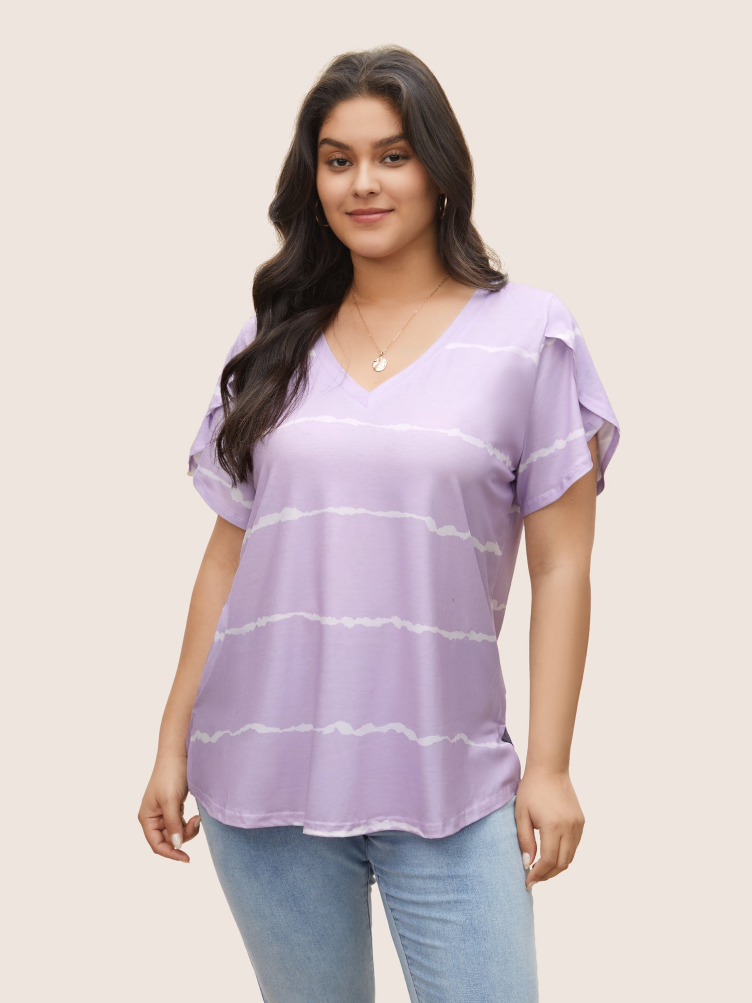 Striped Contrast Petal Sleeve T-shirt