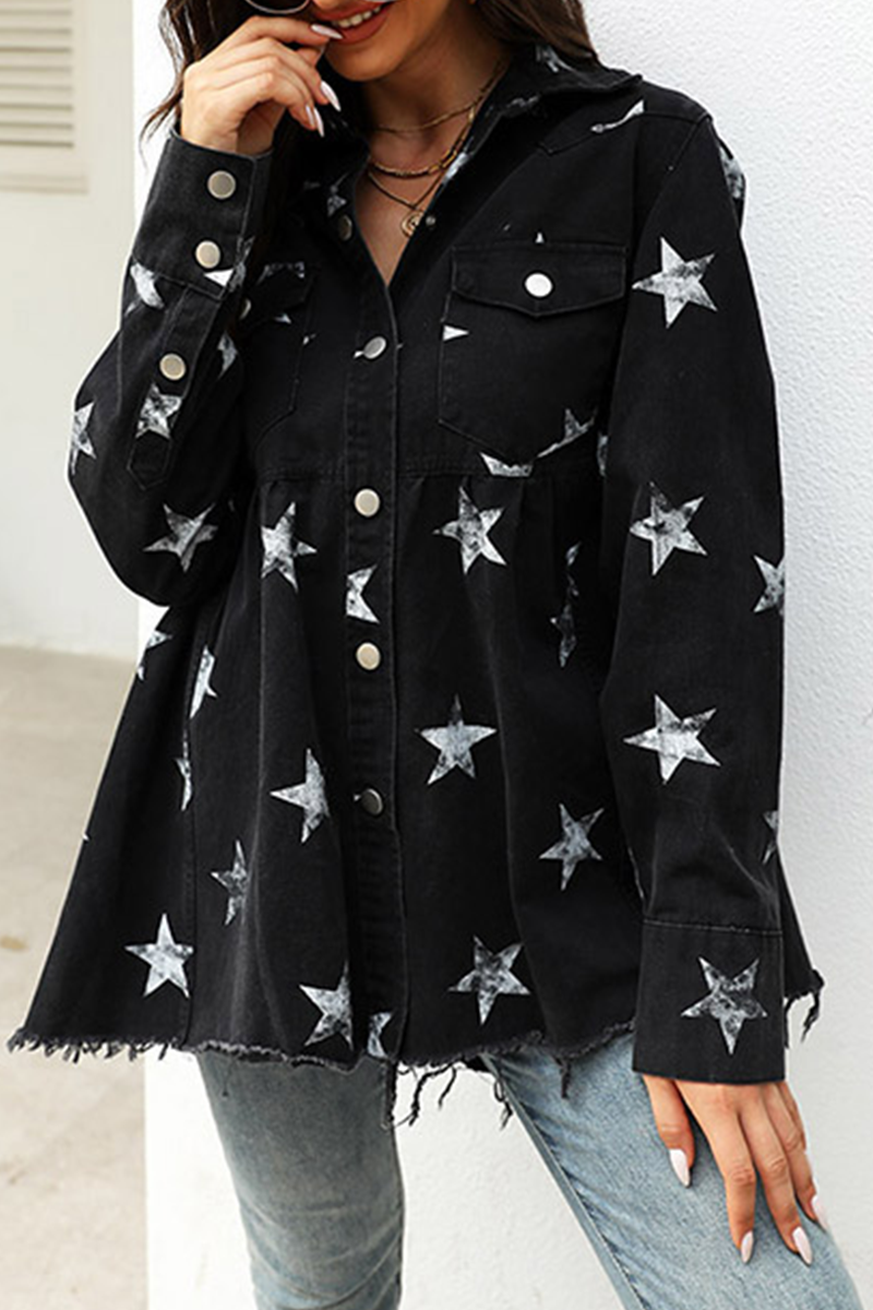 Aiah - stars tassel buckle turndown collar long sleeve denim jacket