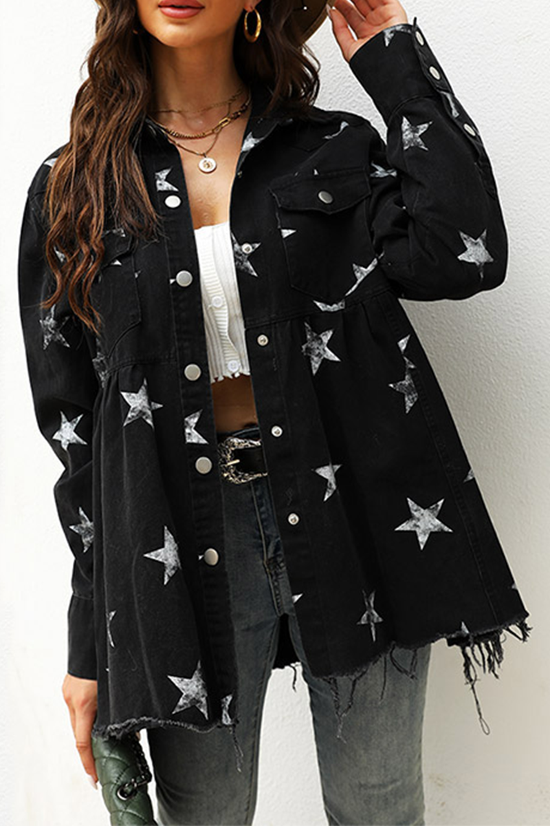 Aiah - stars tassel buckle turndown collar long sleeve denim jacket