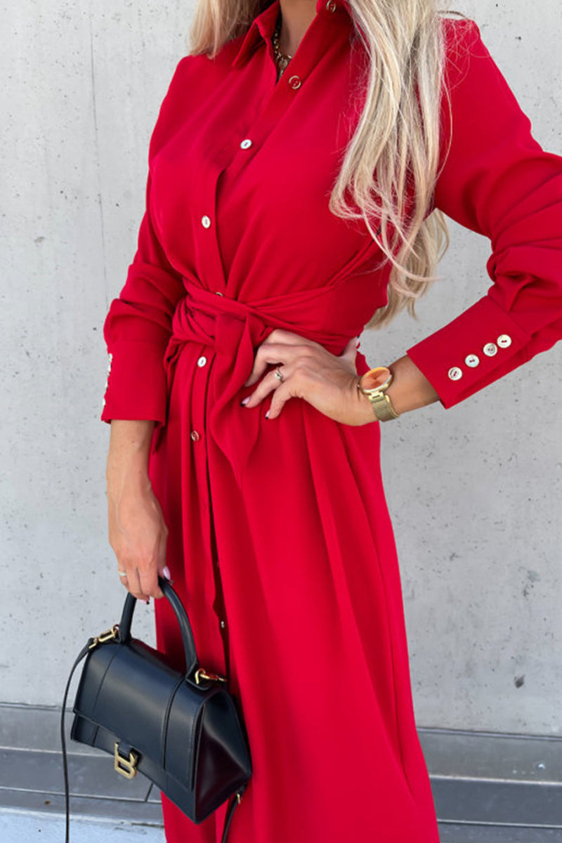 Rose - long sleeve dress with belt and turn down collar