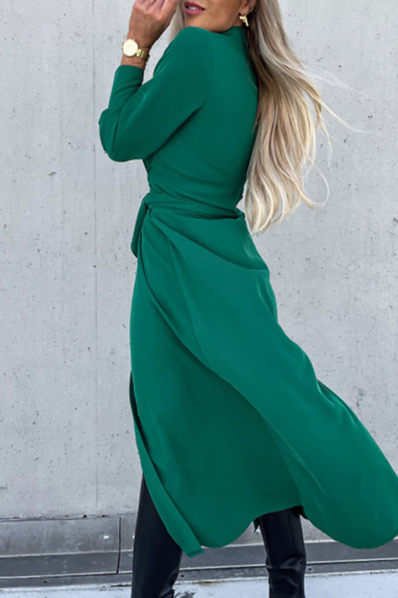 Rose - long sleeve dress with belt and turn down collar