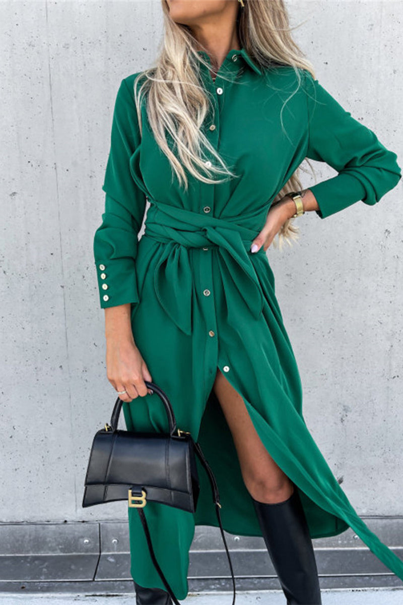 Rose - long sleeve dress with belt and turn down collar