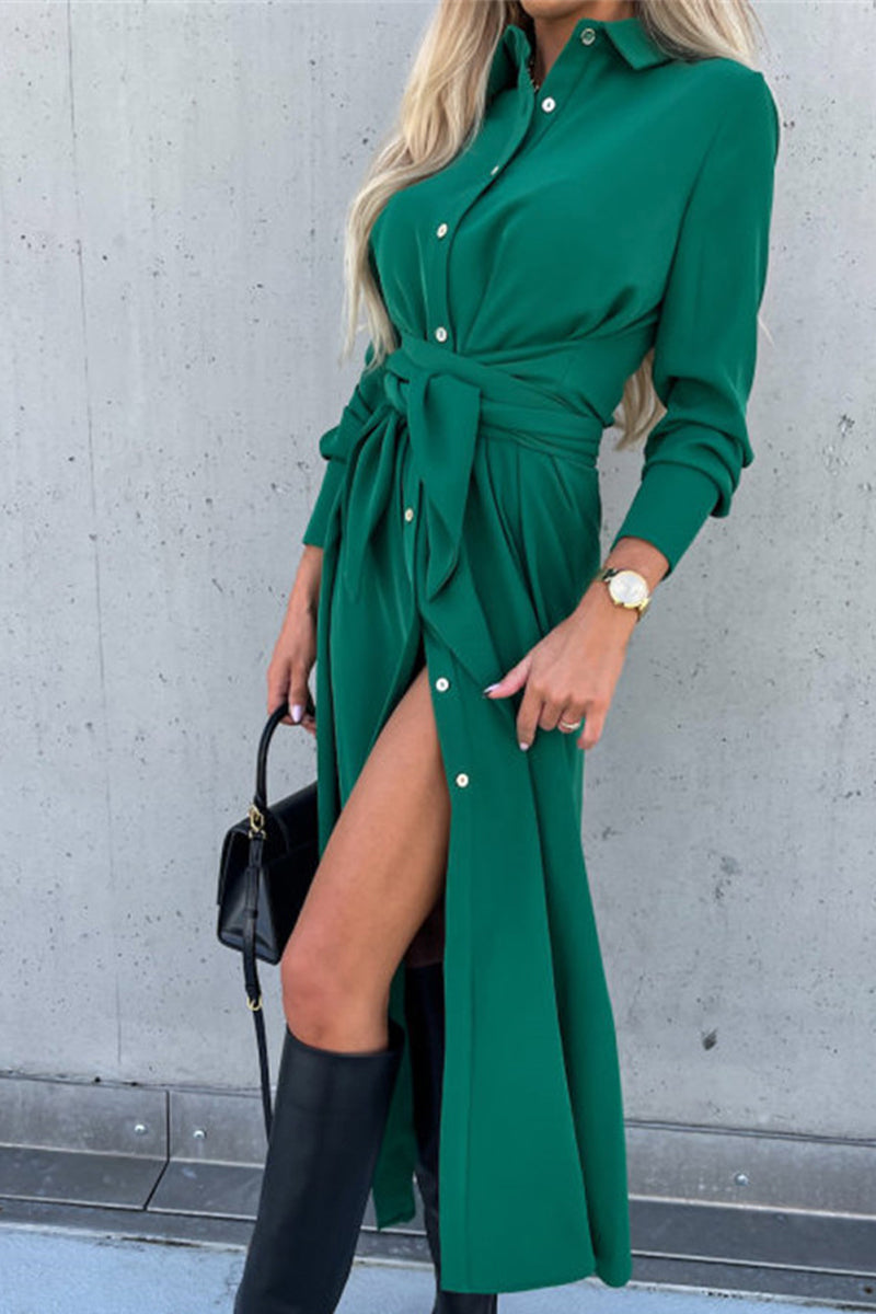 Rose - long sleeve dress with belt and turn down collar