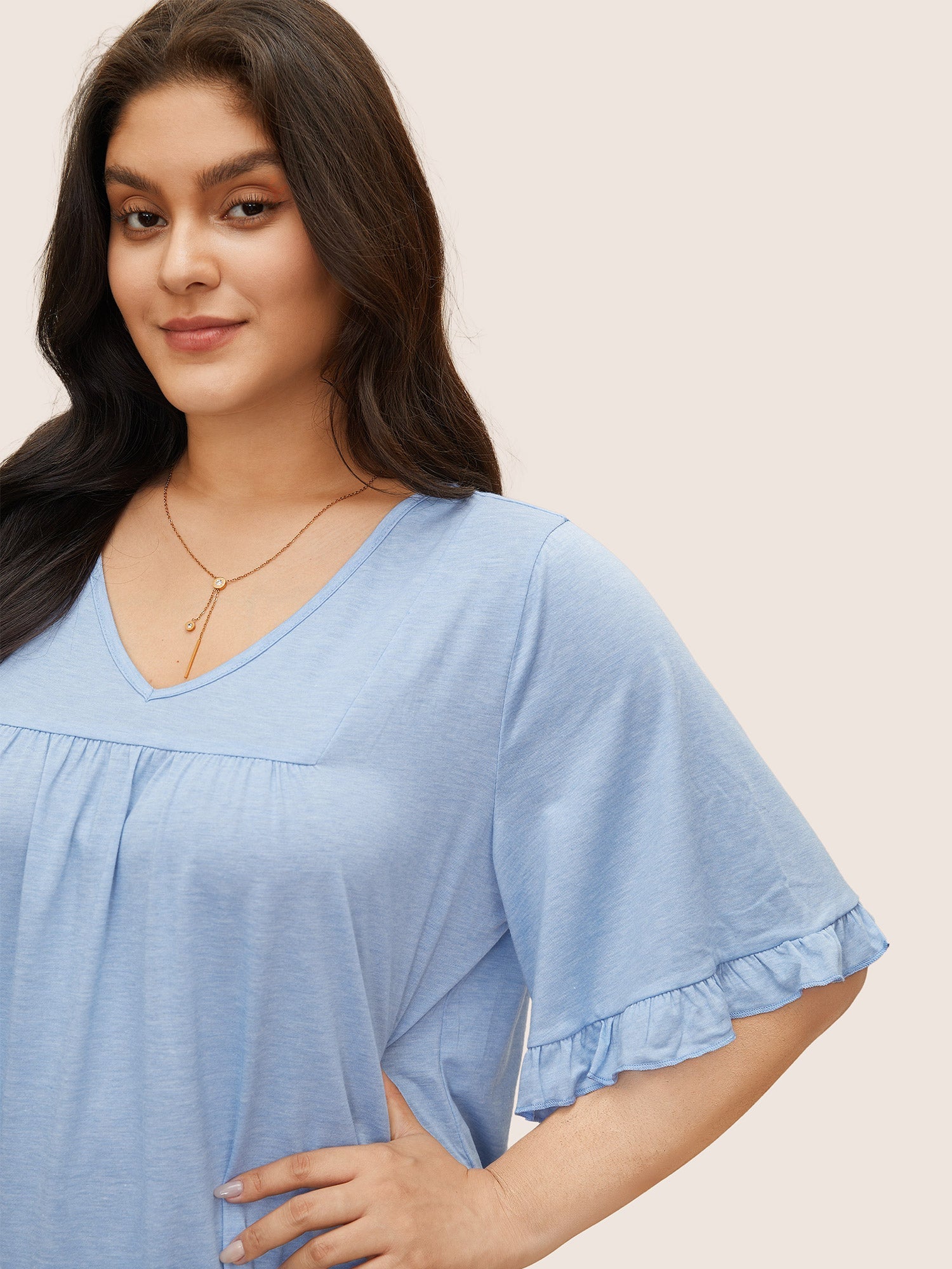 Solid Gathered Ruffle Trim Flounce Sleeve T-shirt