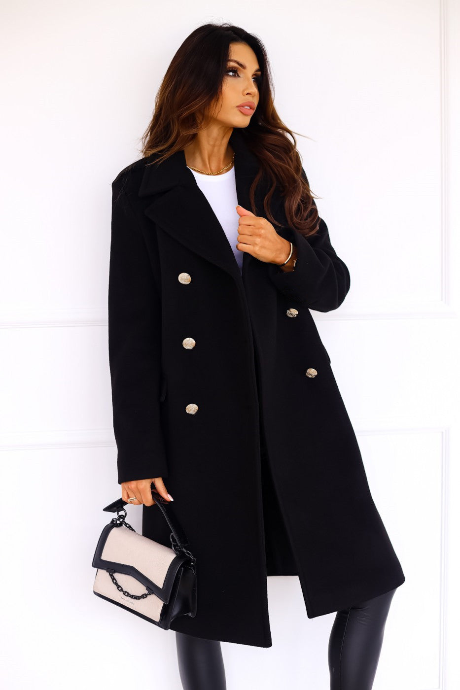 Double-breasted mid-length coat for women