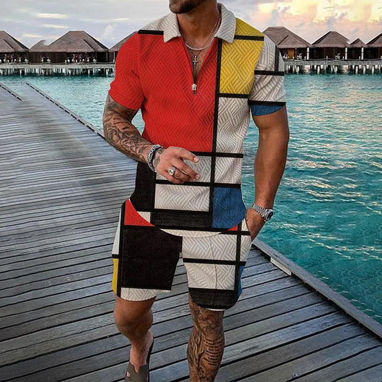 Color Block Contrast Stripes Print Short Sleeve Polo Shirt And Shorts Co-Ord