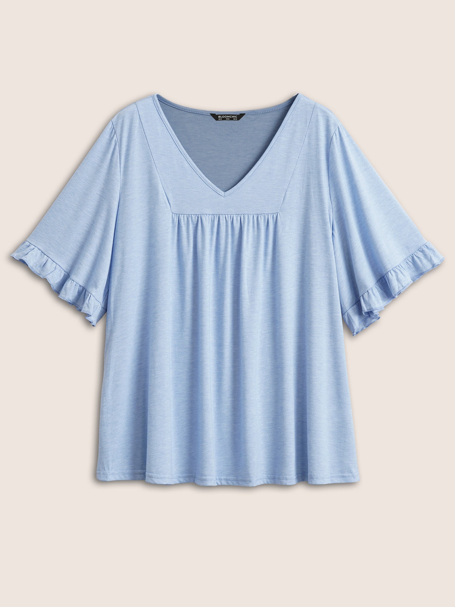 Solid Gathered Ruffle Trim Flounce Sleeve T-shirt