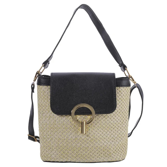 Ladies straw woven beach bag with metal fastening and PU strap