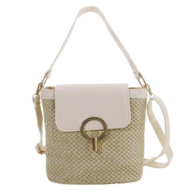 Ladies straw woven beach bag with metal fastening and PU strap