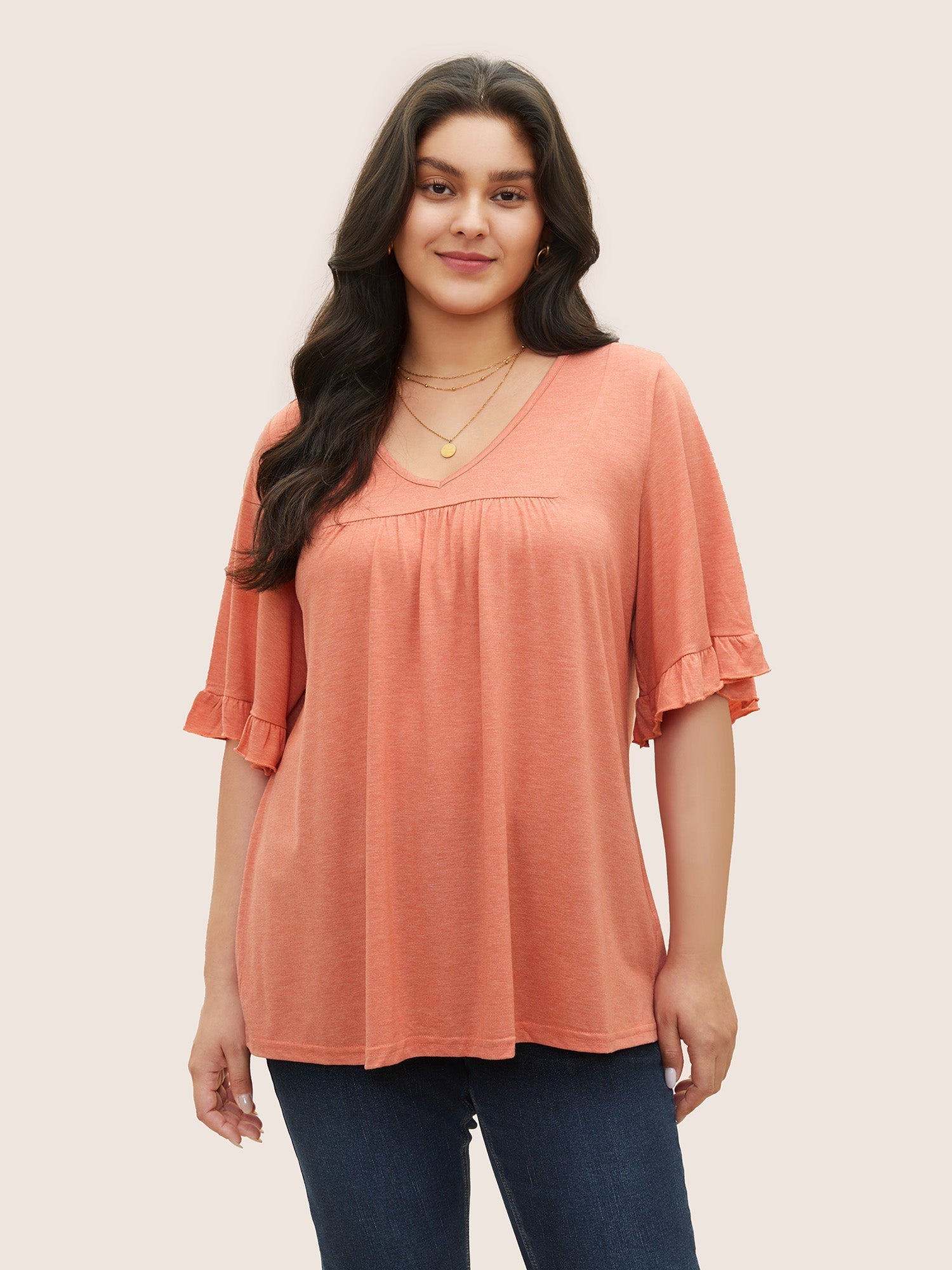 Solid Gathered Ruffle Trim Flounce Sleeve T-shirt