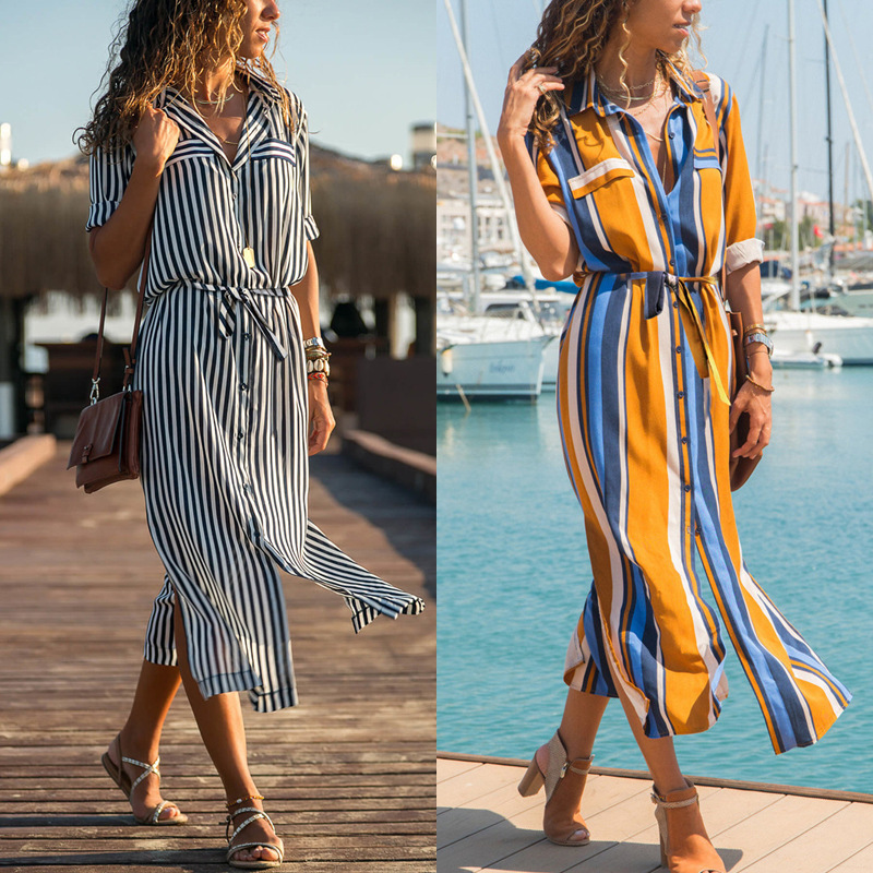 Sam - Striped tie-waist button dress