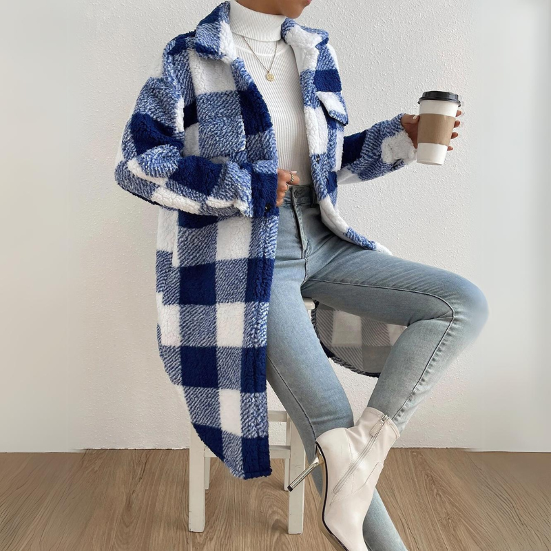 Women's Long Plaid Coat - Oversized Fit - Textured Sherpa Fabric - Notched Collar