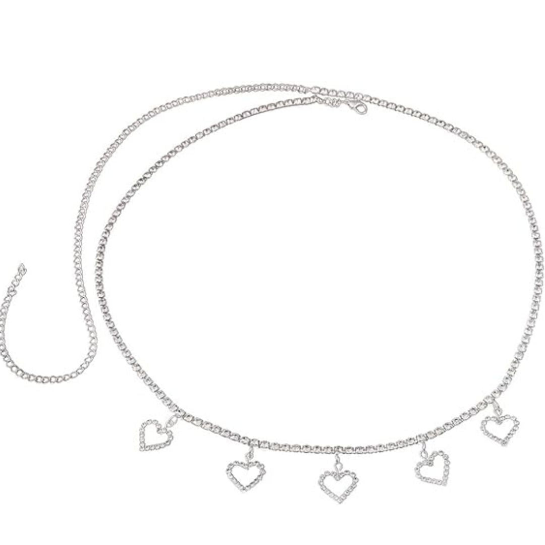 Carrie - Sparkling belly chain with heart pendants in silver