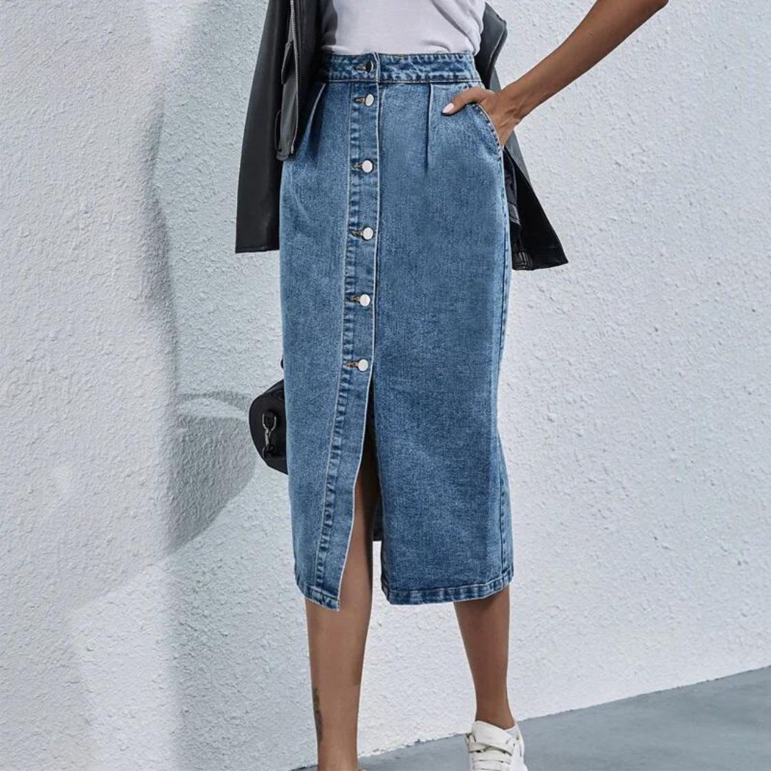 Lena - Chic denim midi skirt with button placket