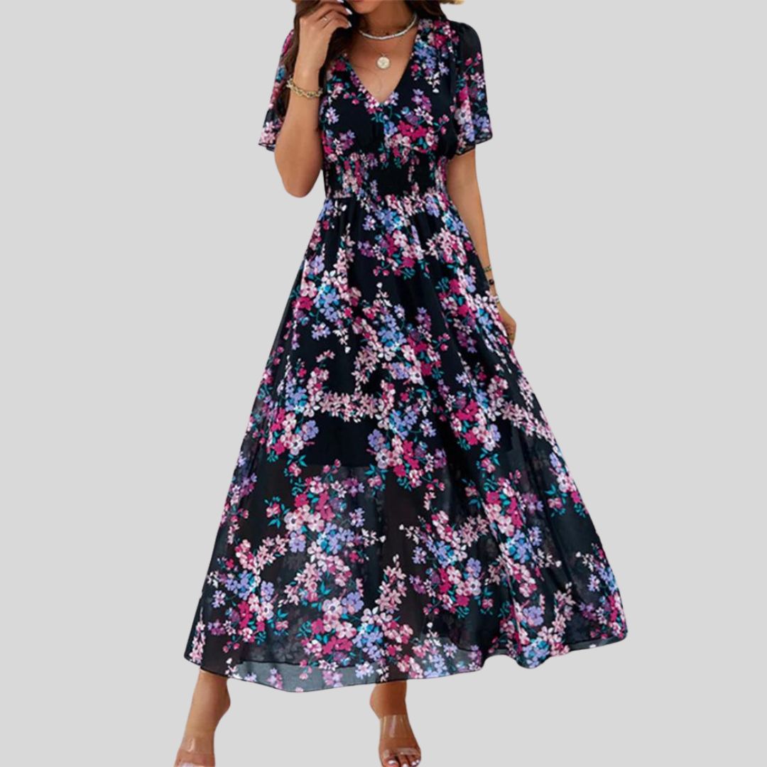 Isabella - Floral V-neck midi dress with short sleeves