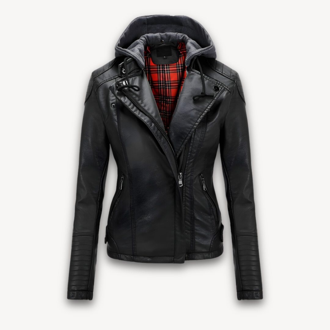 Loravelle | Women's Black Leather Jacket with Hood - Faux Leather, Plaid Lining, Stylish Biker Design - Winter Wear