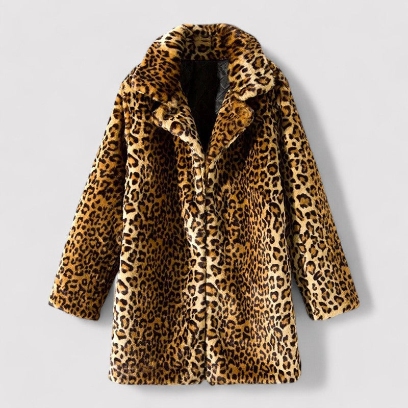 Women's Faux Fur Coat - Leopard Print - Mid-Length - Wide Collar - Warm Stylish Outerwear
