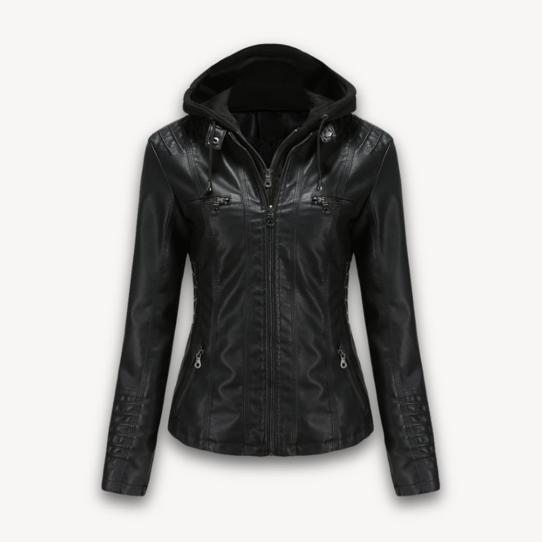 Loravelle | Women's Black Faux Leather Jacket with Hood - Slim Fit Biker Style for Adults, Winter Wear