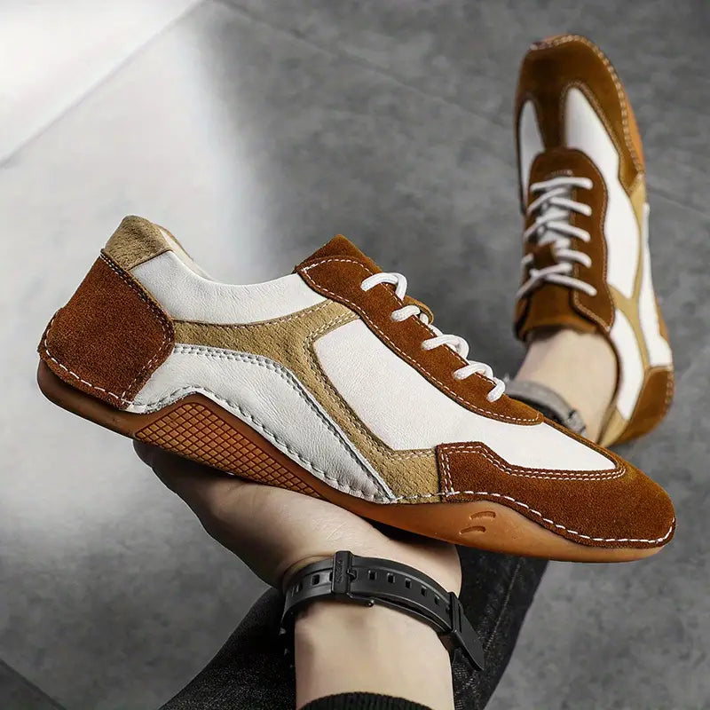 Sammy - Breathable genuine leather sneakers with corrugated sole design