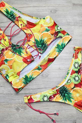 Yellow Green Strappy Criss Cross Side Tie High Cut Cheeky Two Piece Swimsuit