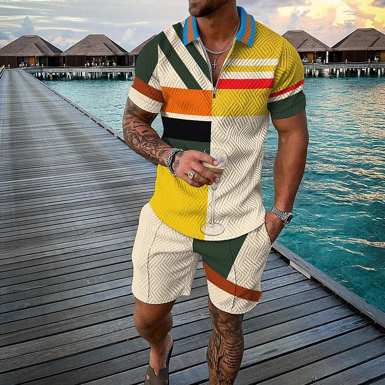 Striped Square Color Matching Short Sleeve Polo Shirt And Shorts Co-Ord