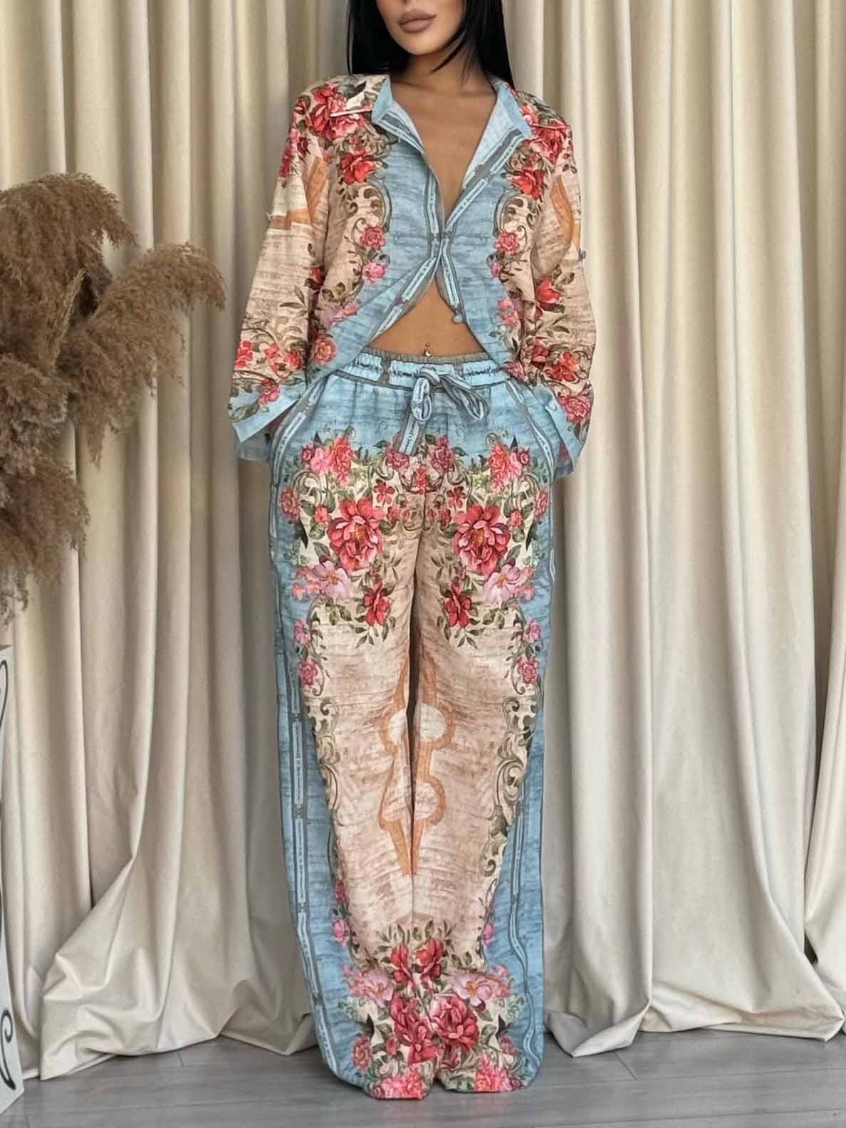 Unique Retro Palace Floral Print Side Pocket Wide-Leg Pants