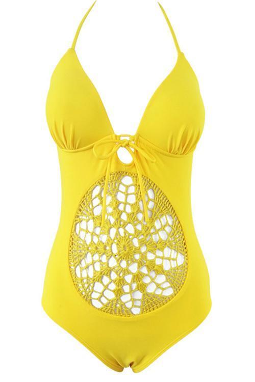 Yellow Halter Deep V Neck Crochet Center Piece Strappy Sexy One Piece Swimsuit