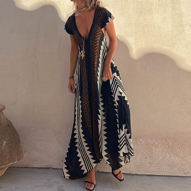 Maxi beach dress with ethnic print (in 7 colours)
