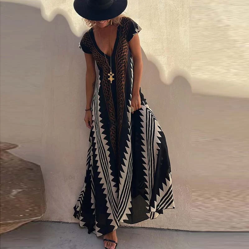 Maxi beach dress with ethnic print (in 7 colours)