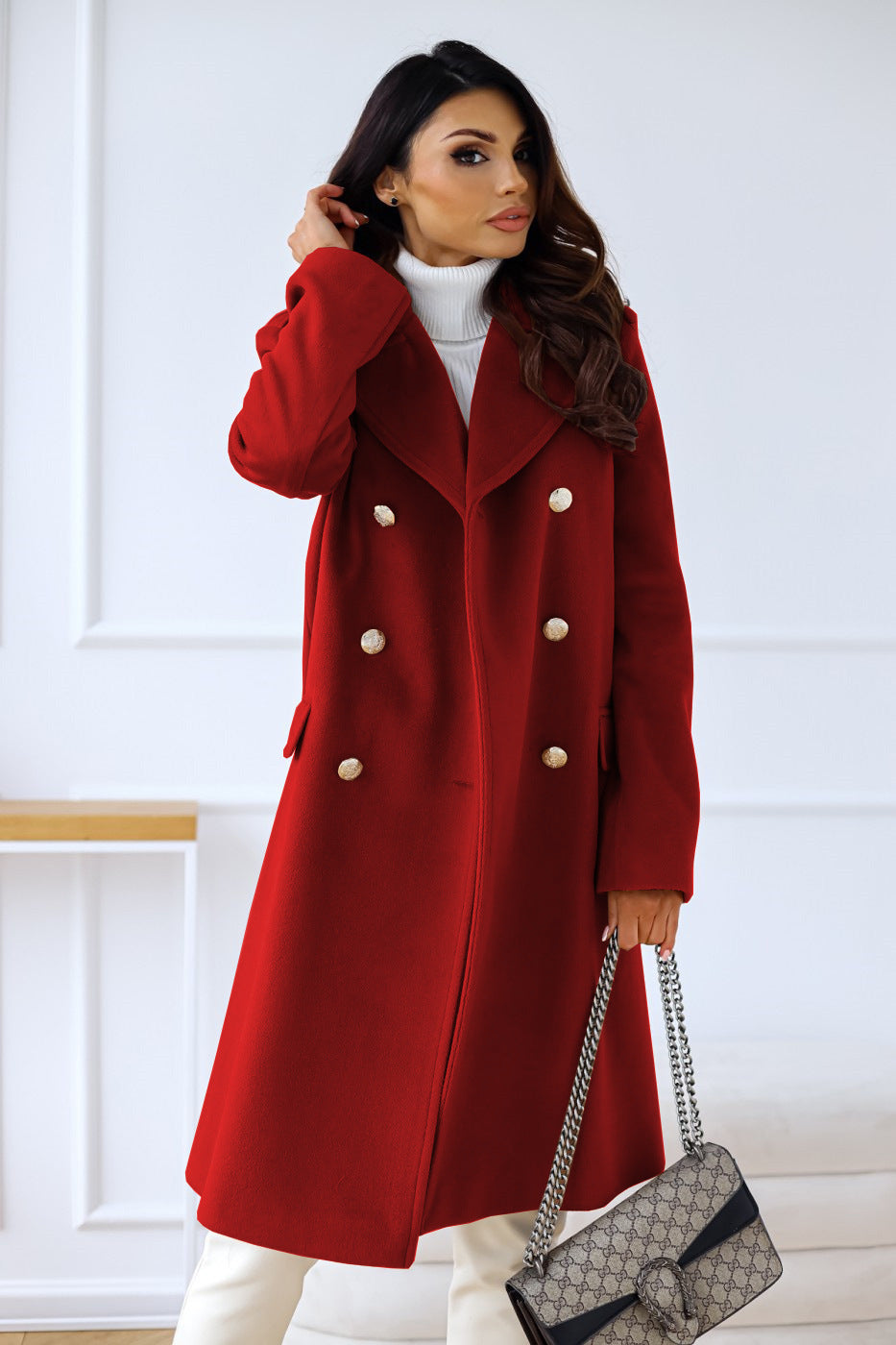 Double-breasted mid-length coat for women