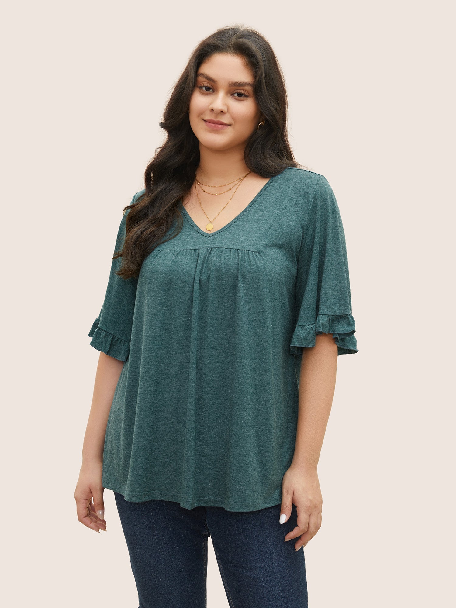 Solid Gathered Ruffle Trim Flounce Sleeve T-shirt